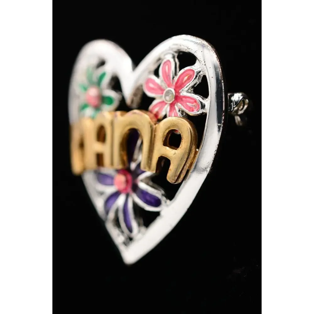 TC Vintage NANA Pin Brooch Floral Heart Grandma Grandmother Enamel Signed BinBA